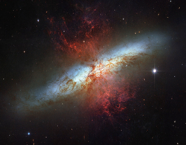 This mosaic image of the magnificent starburst galaxy, Messier 82 (M82