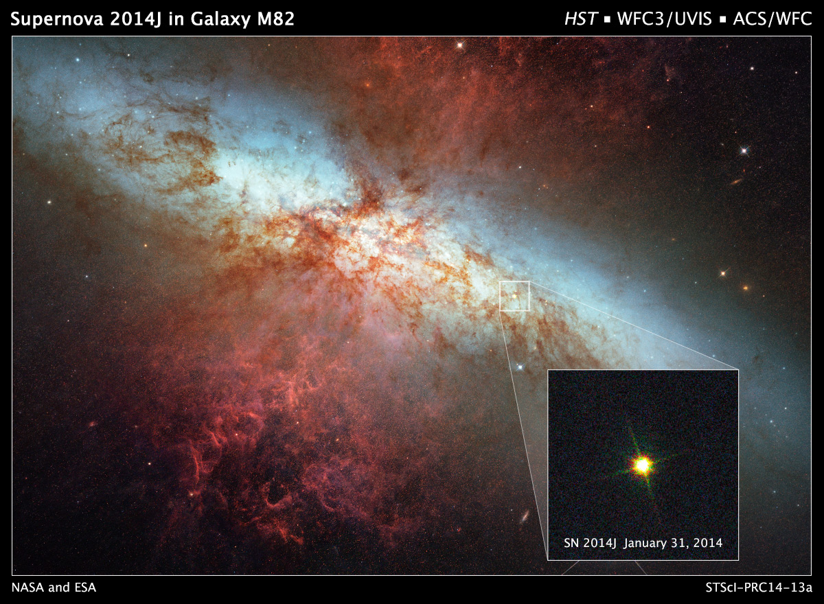 This is a Hubble Space Telescope composite image of a supernova explosion designated SN 2014J in the galaxy M82. At a distance of approximately 11.5 million light-years from Earth it is the closest supernova of its type discovered in the past few decades. The explosion is categorized as a Type Ia supernova, which is theorized to be triggered in binary systems consisting of a white dwarf and another star — which could be a second white dwarf, a star like our Sun, or a giant star.